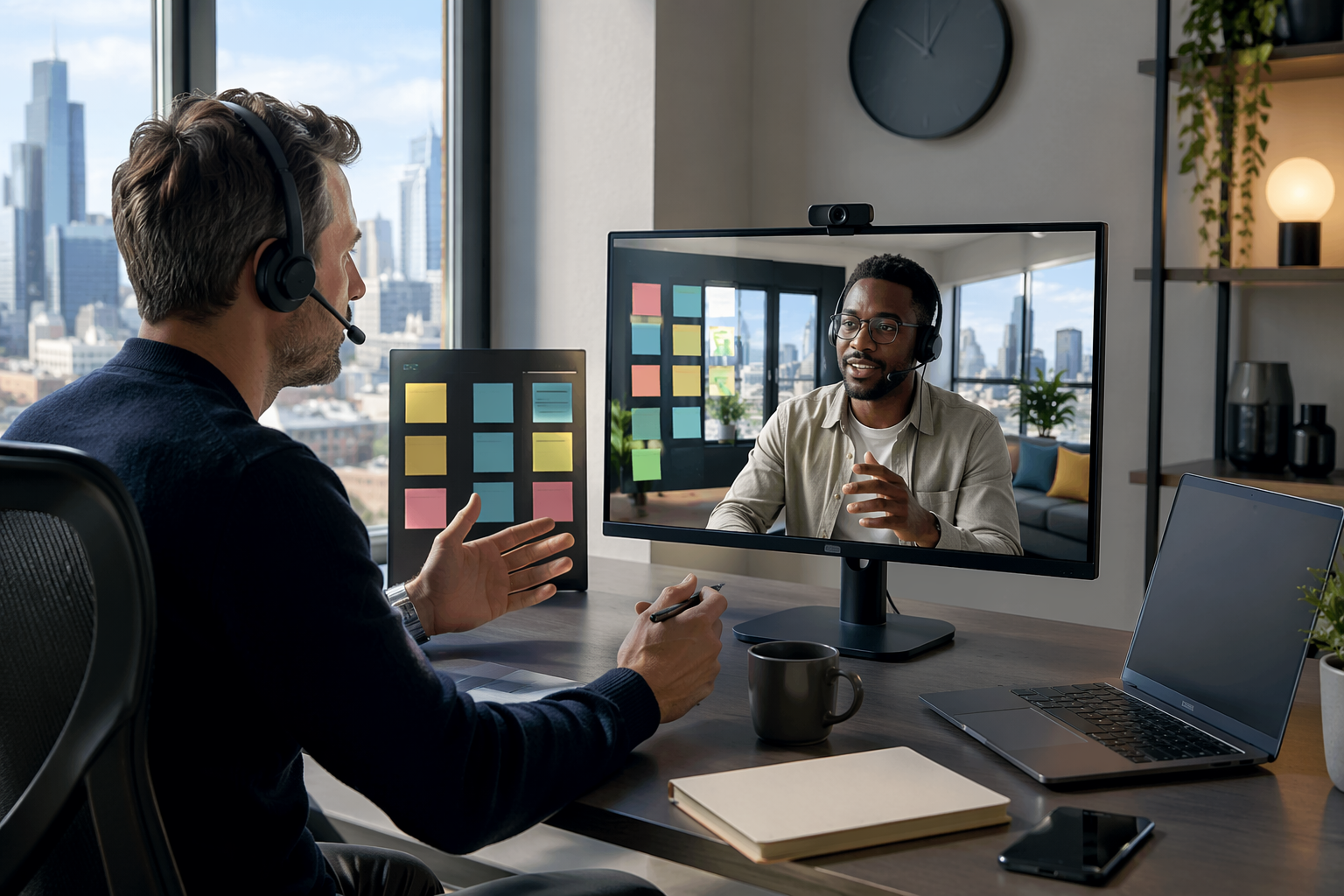UK manager and South African teammate on video call reviewing shared task board
