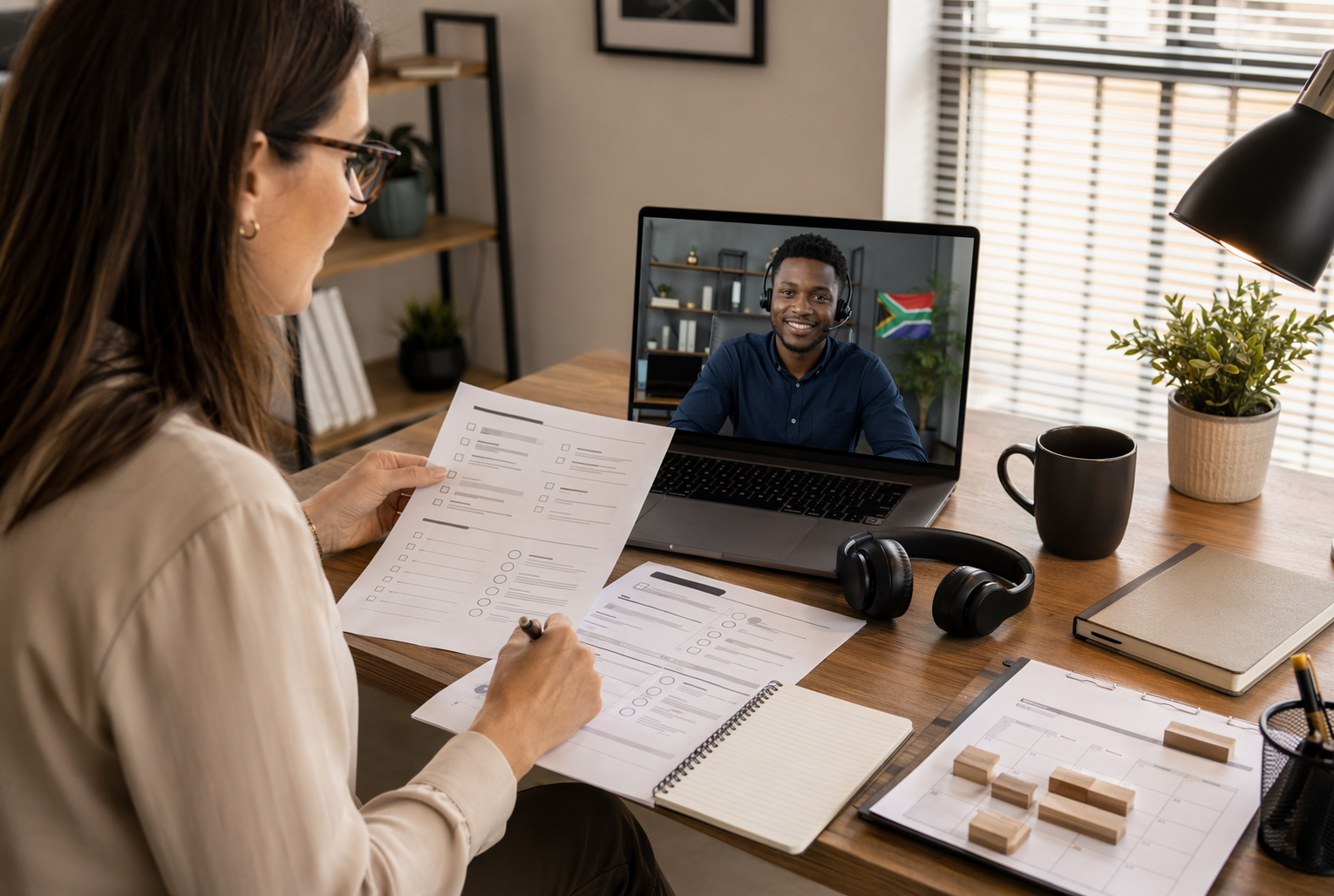 Hiring manager reviewing detailed remote role brief with South African candidate