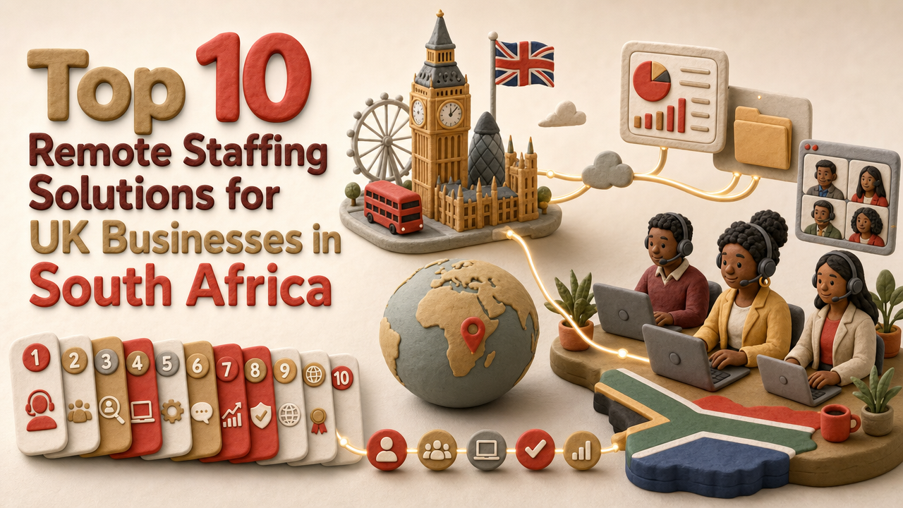 3D clay-style graphic titled Top 10 Remote Staffing Solutions for UK Businesses in South Africa