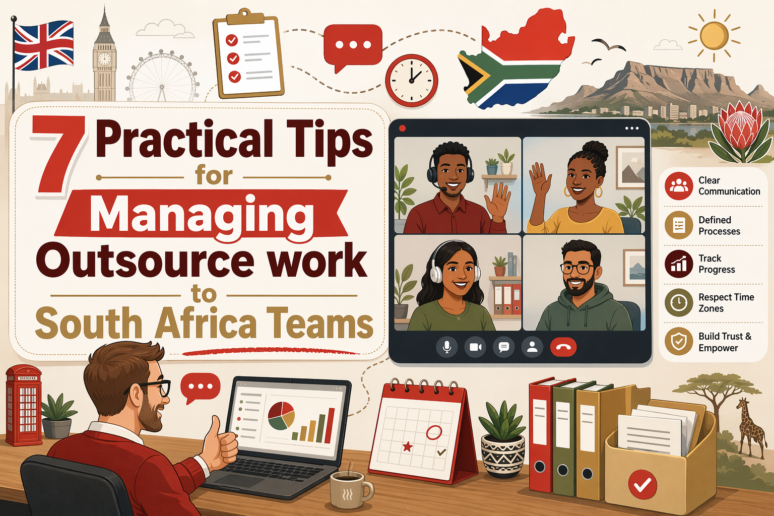 Infographic titled "7 Practical Tips for Managing Outsource work to South Africa Teams" with video call and tip list