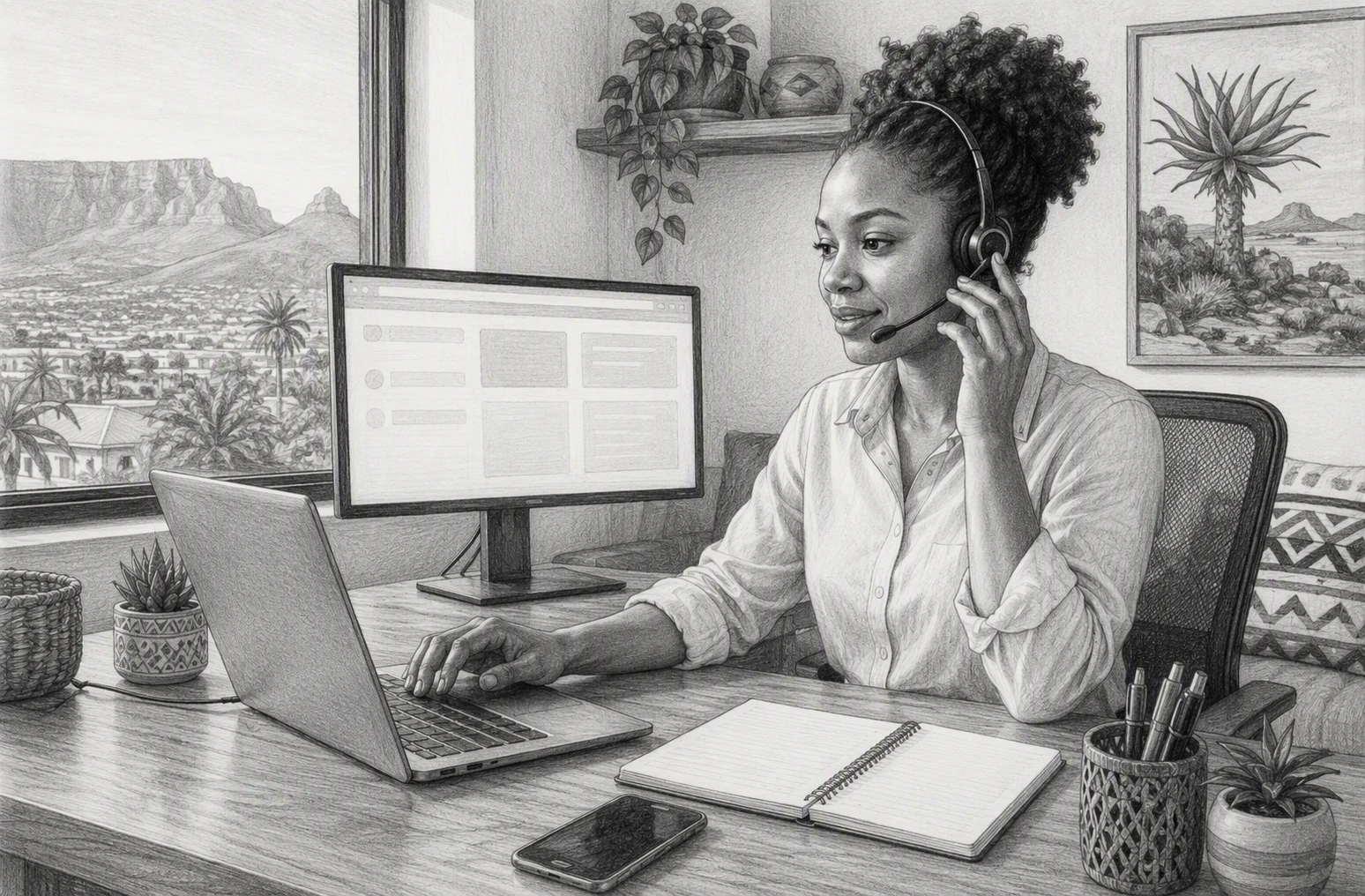South African support agent in bright home office
