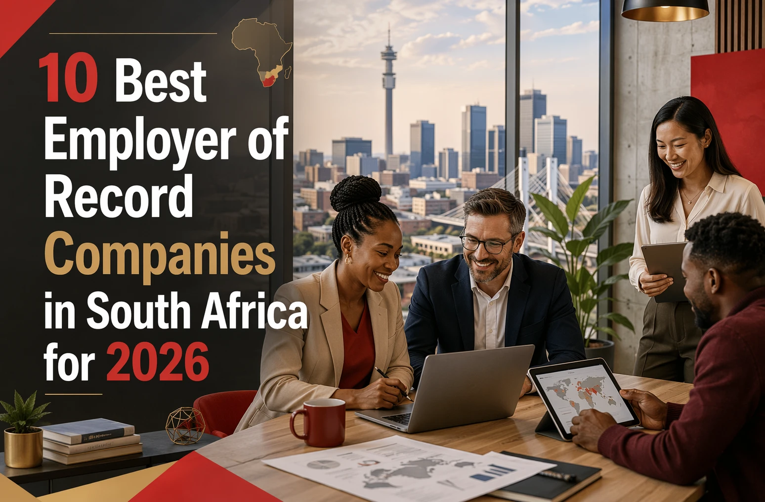 Promotional graphic for top Employer of Record companies in South Africa for 2026, featuring diverse professionals collaborating in a modern office with city skyline view.