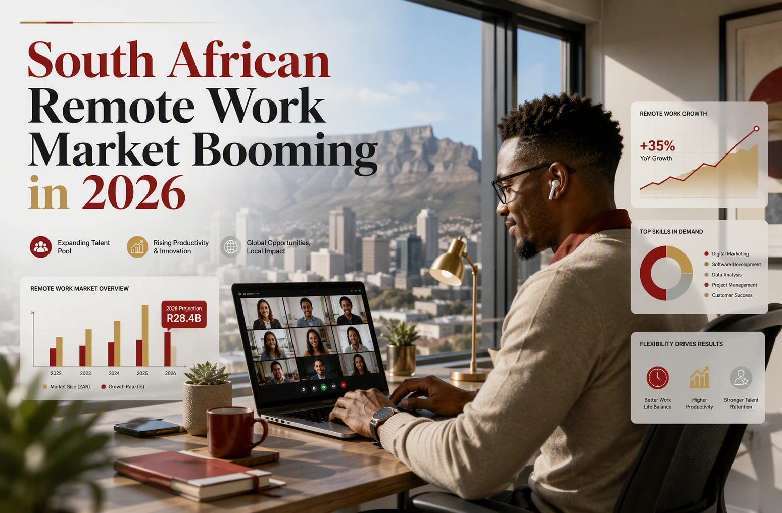 Man in headphones on a video call with charts showing South African remote work market growth in 2026