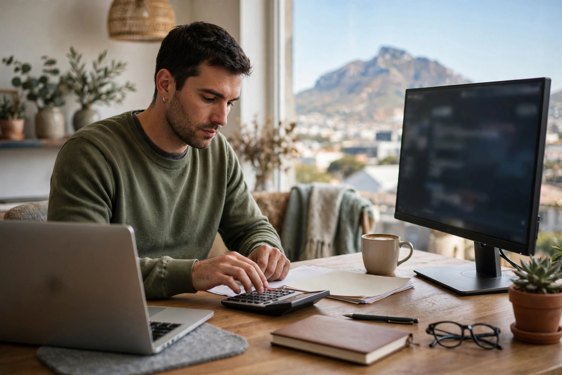A bookkeeper works remotely in a Cape Town home office
