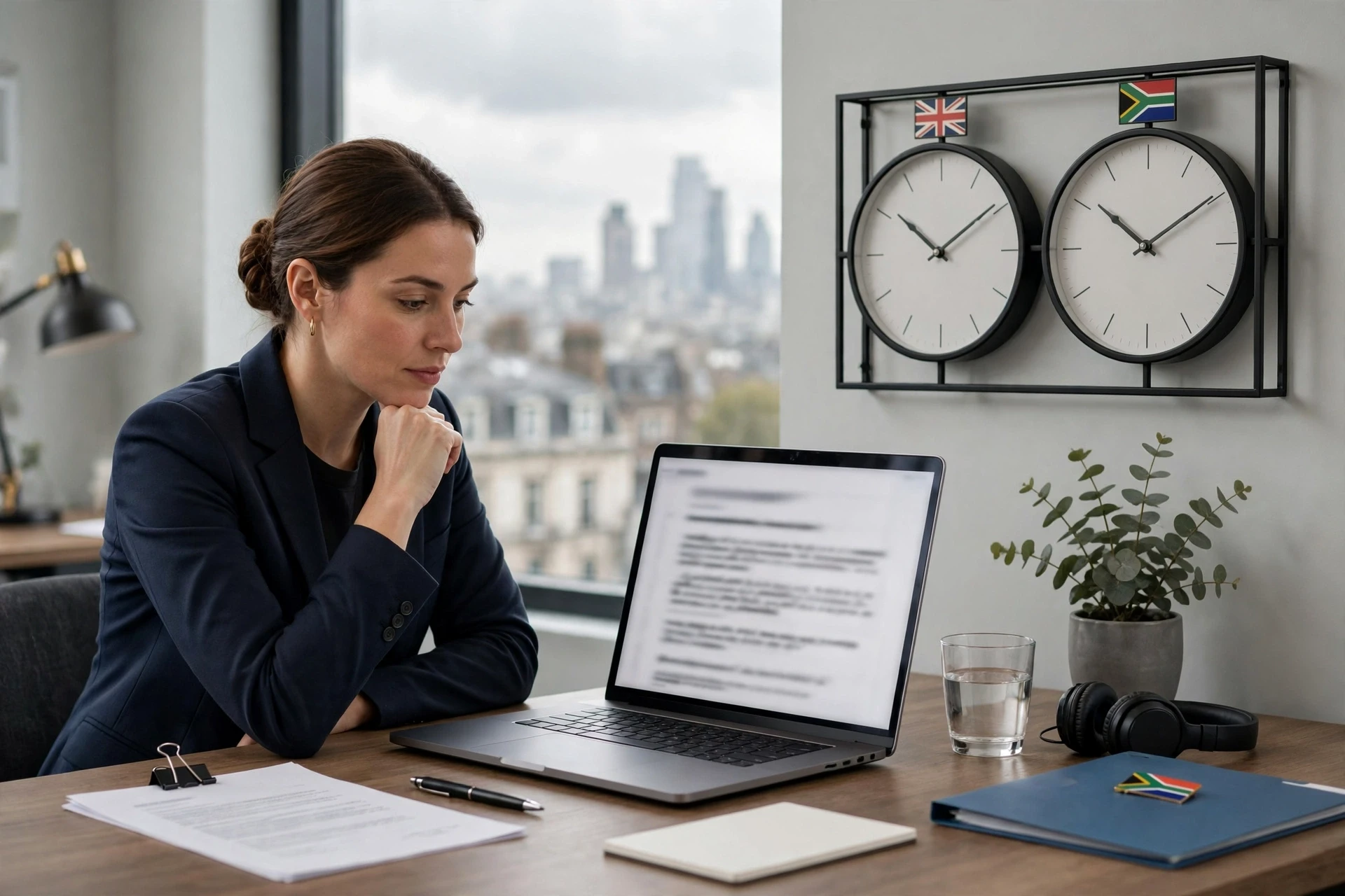 London manager reviewing contract beside world clock