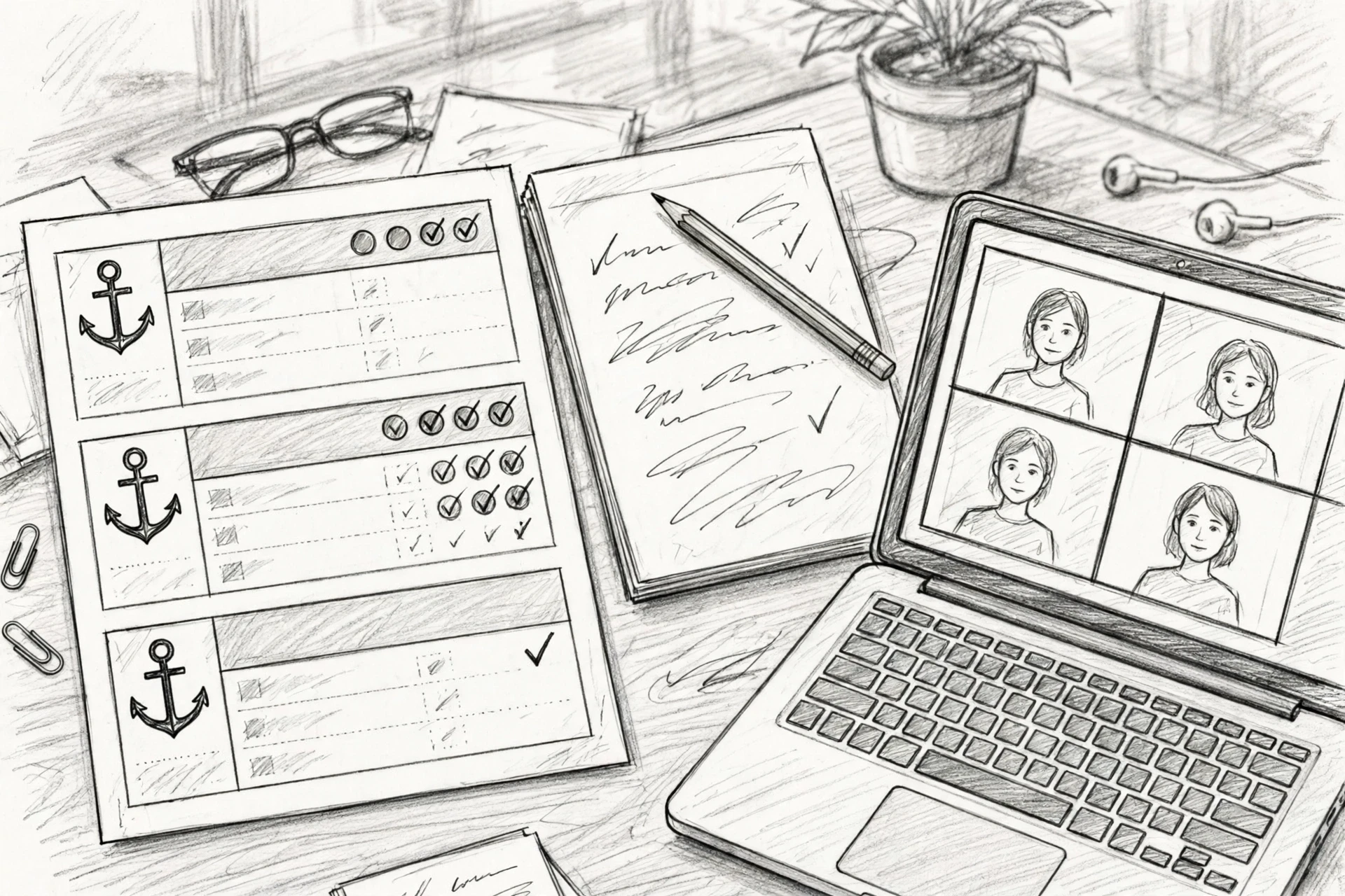 Pencil sketch of scorecard beside video call laptop