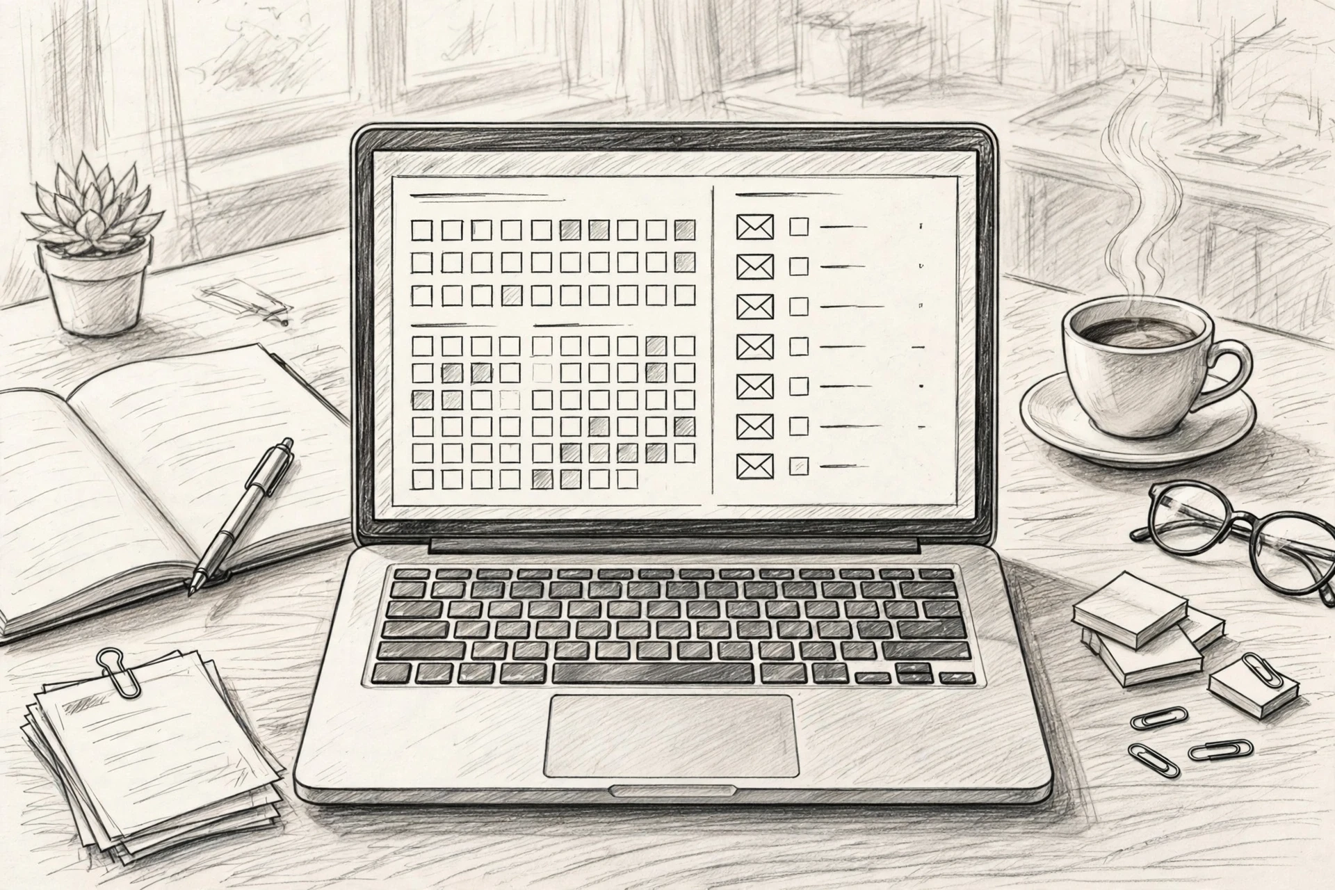 Pencil sketch of laptop with inbox and calendar