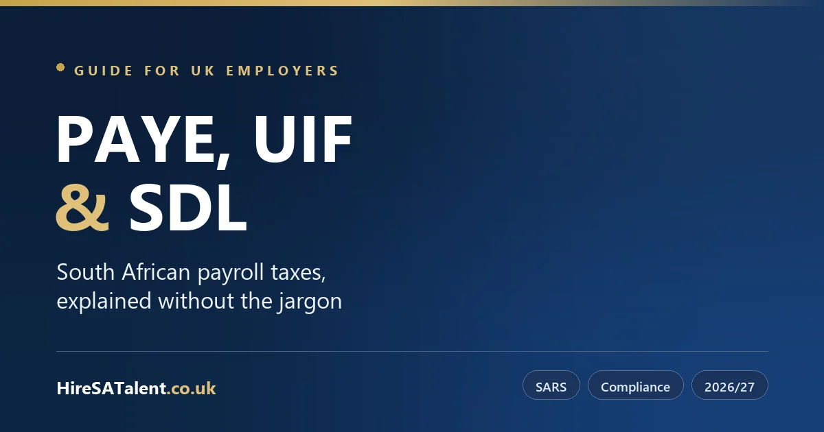 Title card reading PAYE, UIF and SDL — South African payroll taxes explained for UK employers