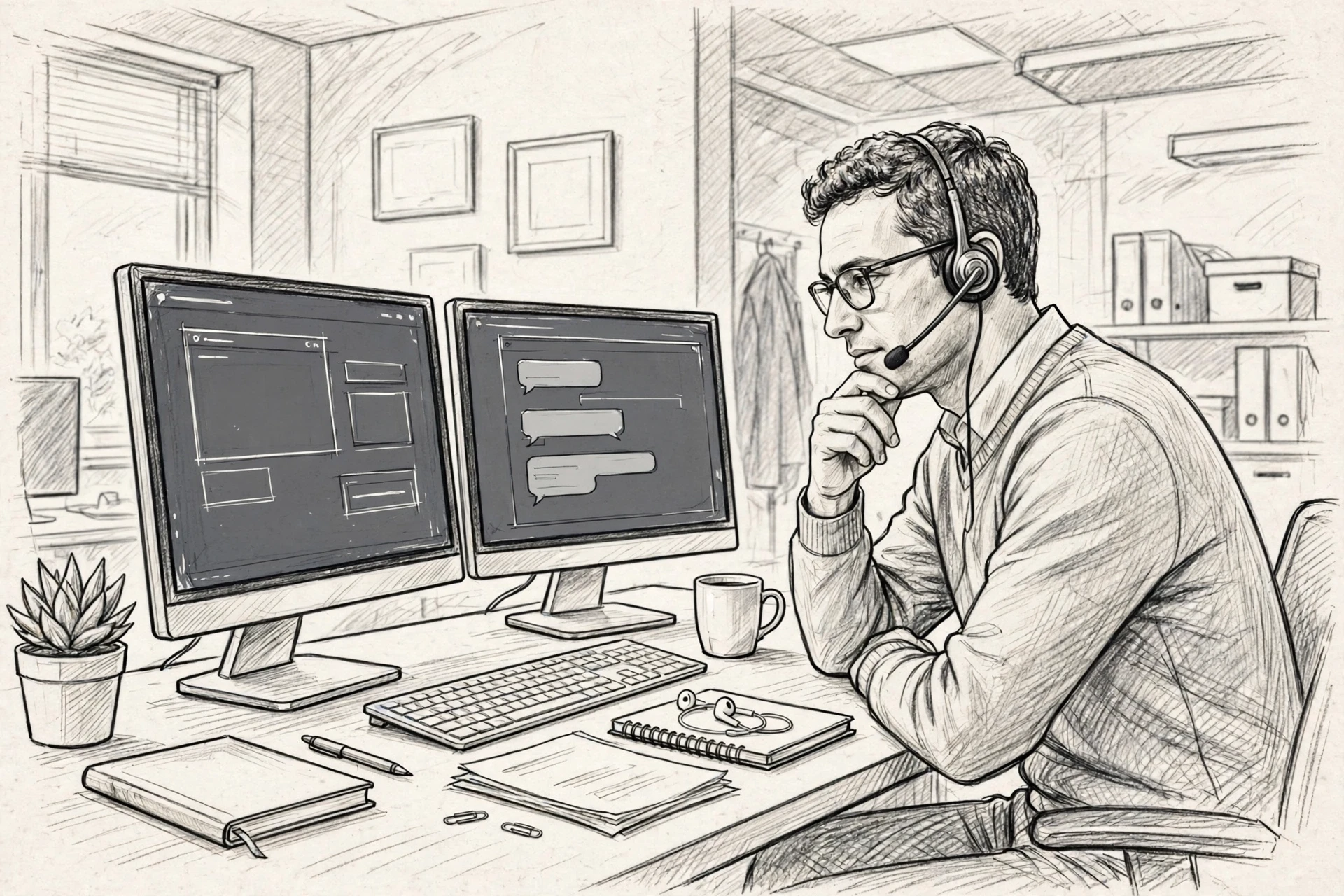 Team leader reviewing chat criteria on dual monitors