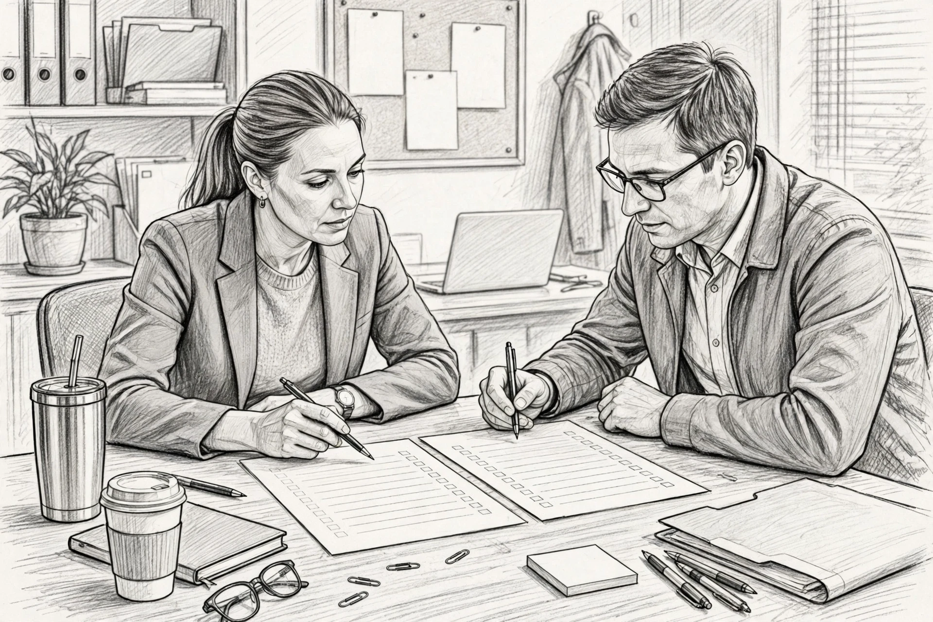 Two reviewers comparing scored tickets at a table