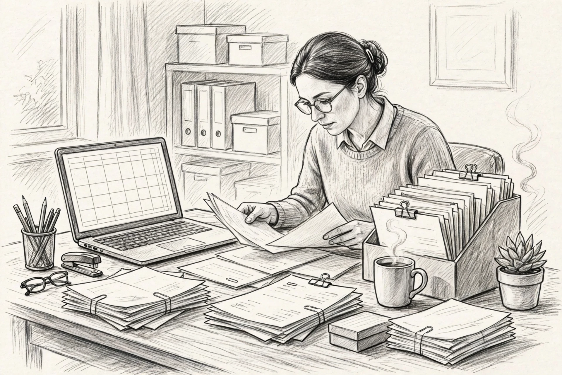 Pencil sketch of bookkeeper reviewing bank statements