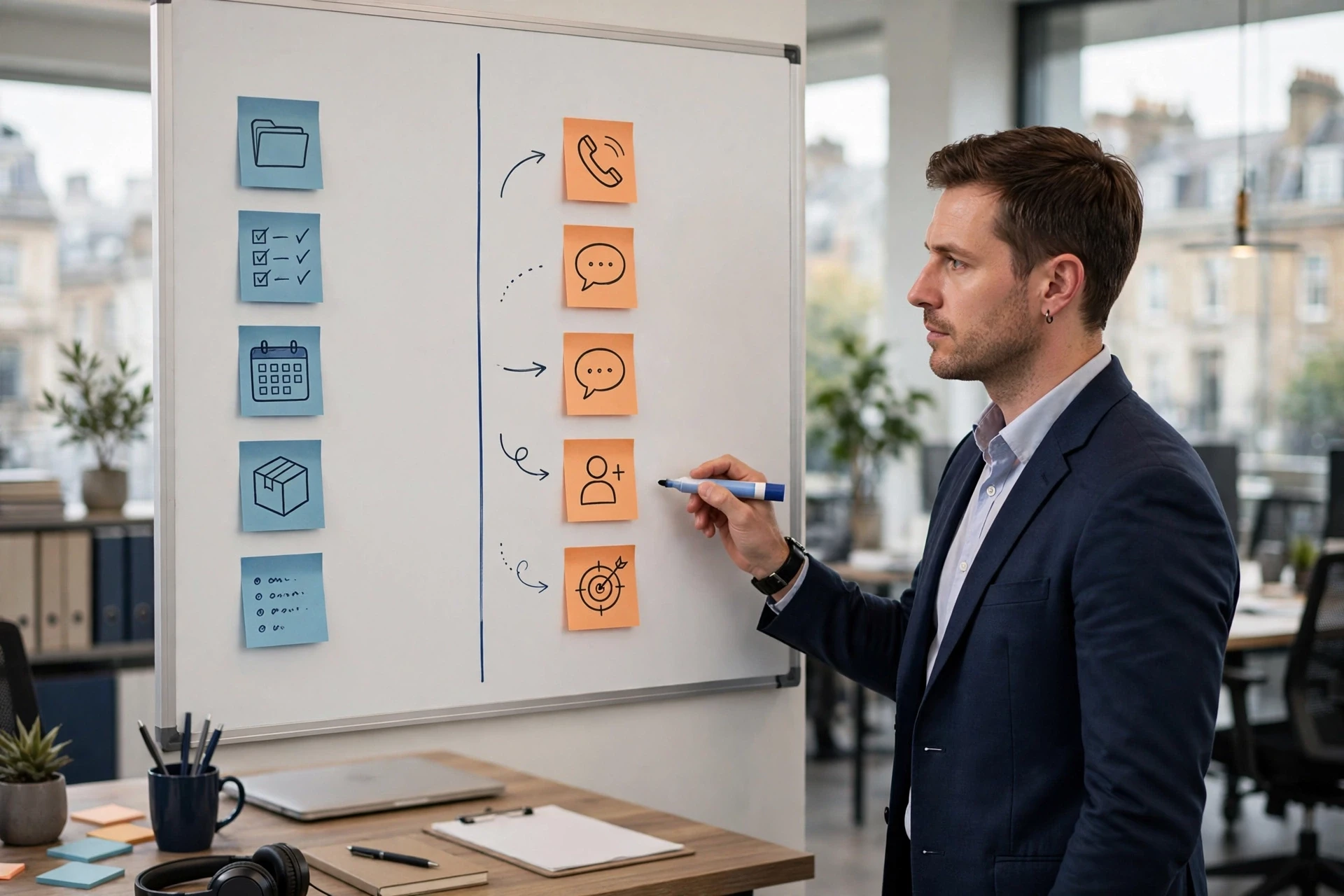 Whiteboard lists showing SDR outreach versus admin tasks