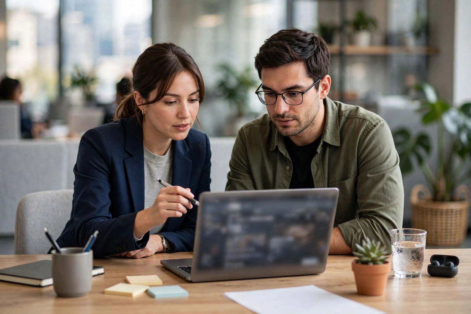 Two sales professionals reviewing CRM records on laptop