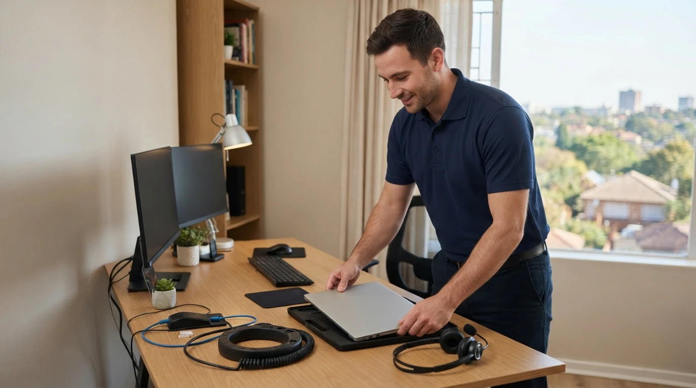 Technician preparing remote office equipment kit