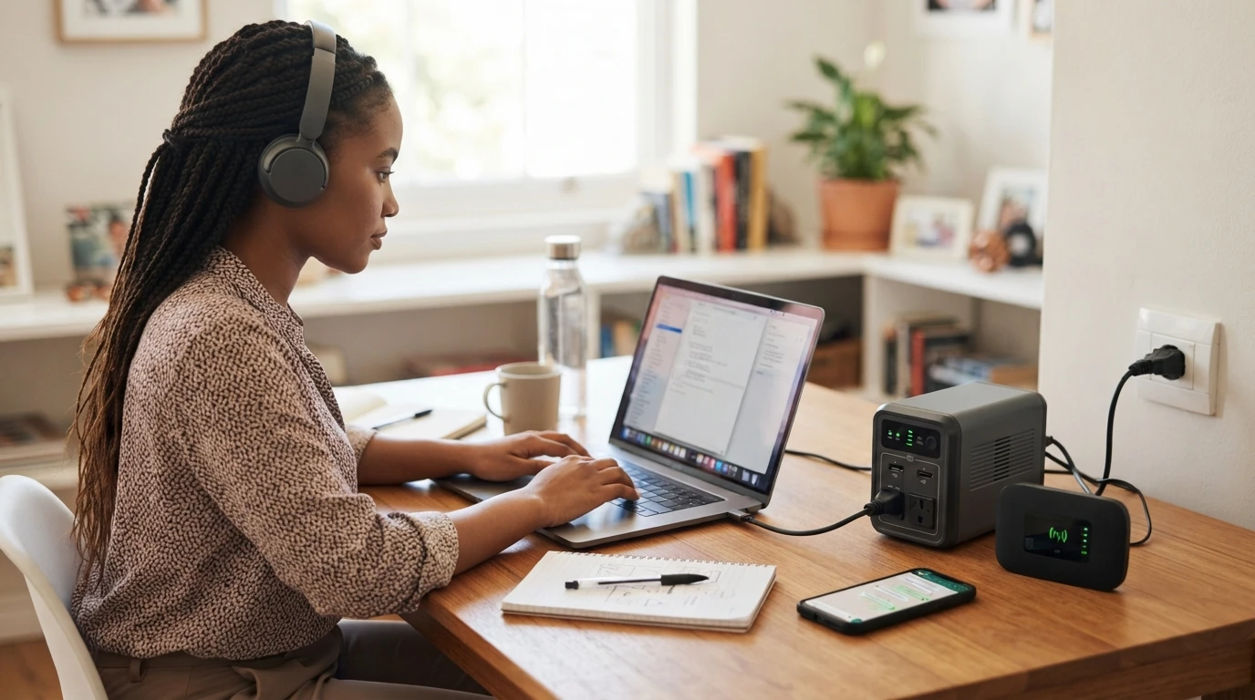 Remote worker at home desk with inverter and router