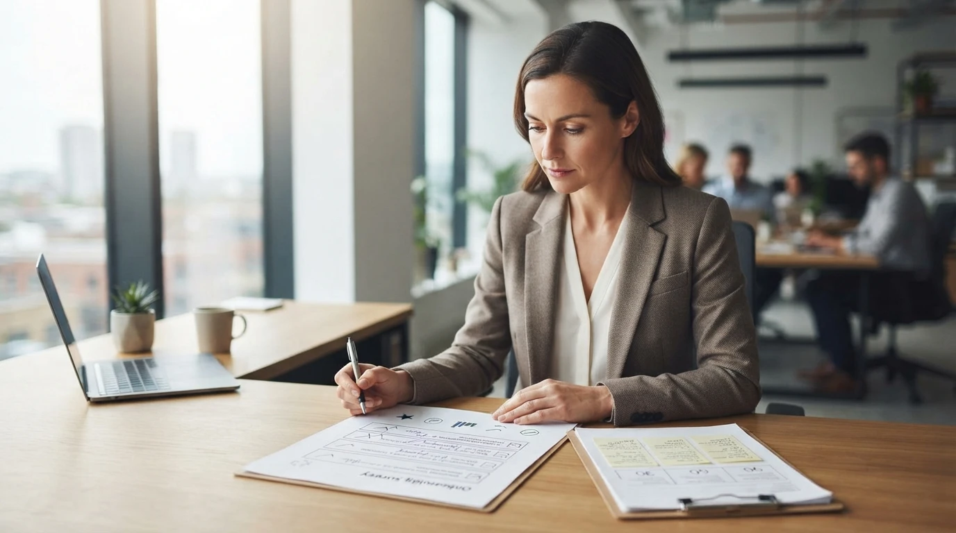 Manager reviewing printed survey at desk